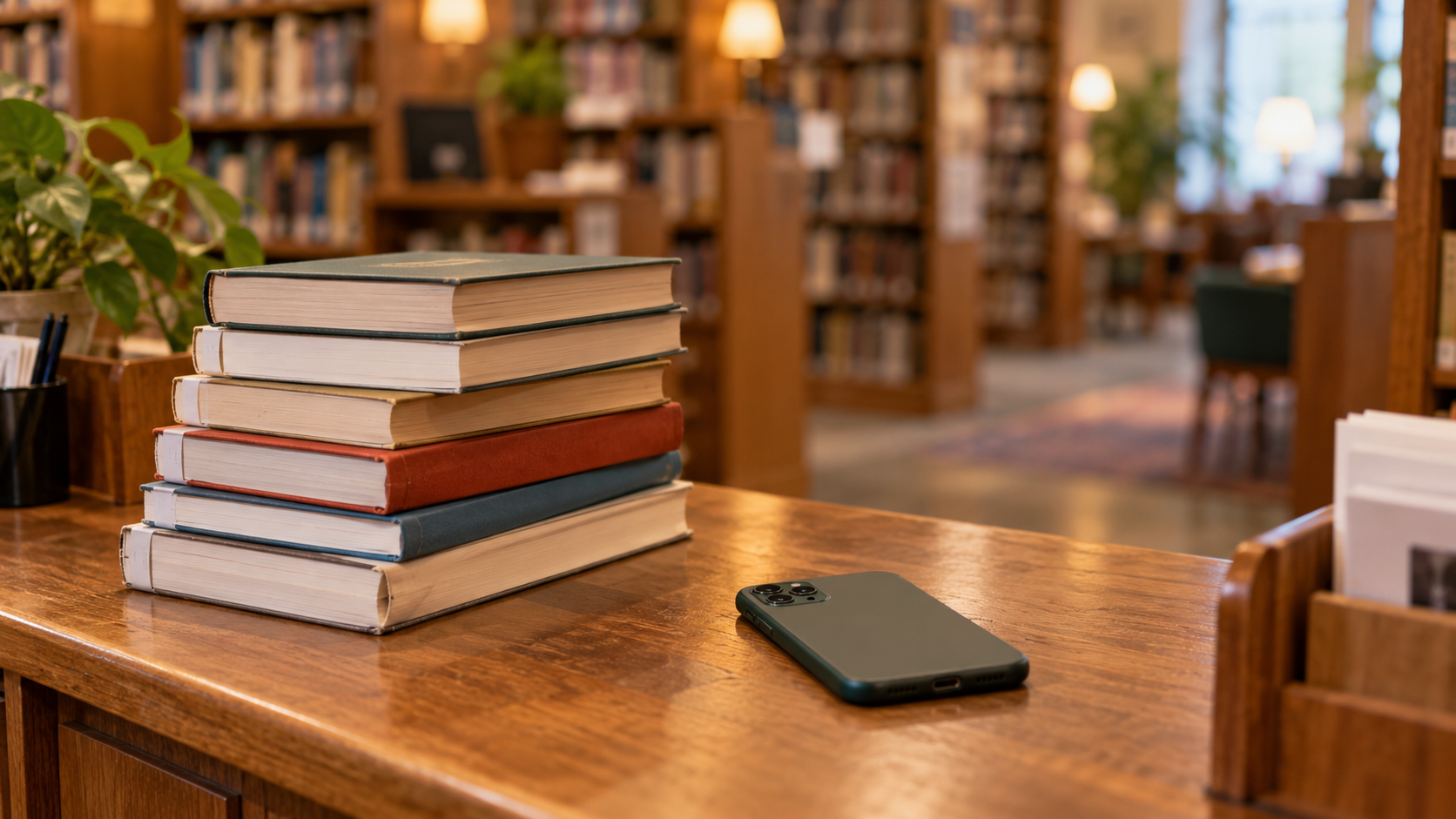 Une pile de livres empruntés posée sur un comptoir de bibliothèque, à côté d'un téléphone retourné écran contre le bois.
