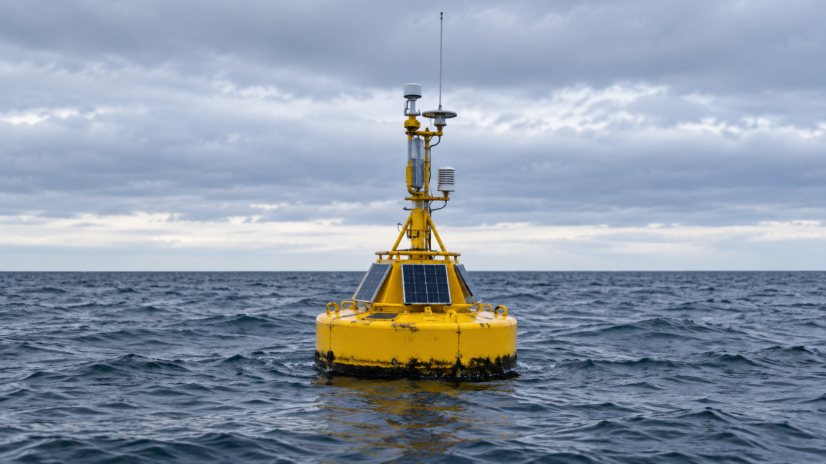 Bouée océanique jaune amarrée seule en pleine eau sous un ciel couvert, petit mât de capteurs et antenne fine