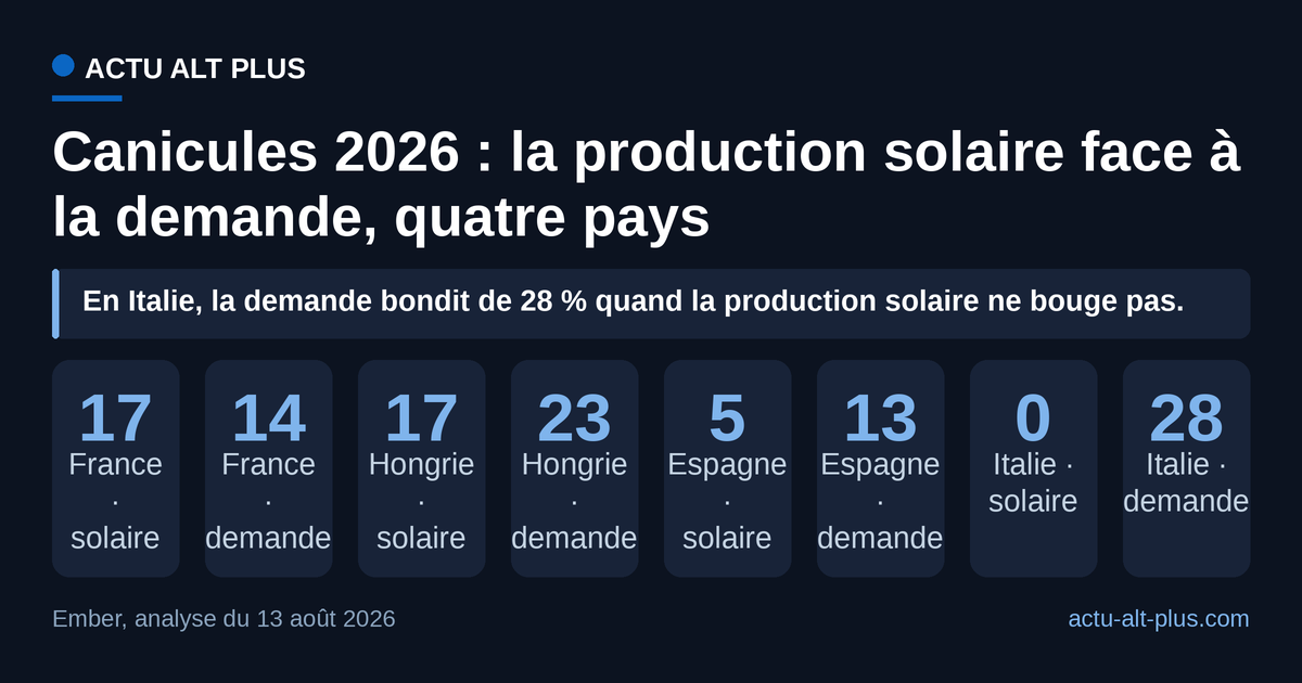 La France est le seul de ces quatre pays où la production solaire progresse plus vite que la demande pendant les canicules, de trois points ; l’Italie subit l’écart inverse le plus large, vingt-huit points. Les deux séries sont des variations calculées sur des bases différentes : elles ne se compensent pas en volume.
