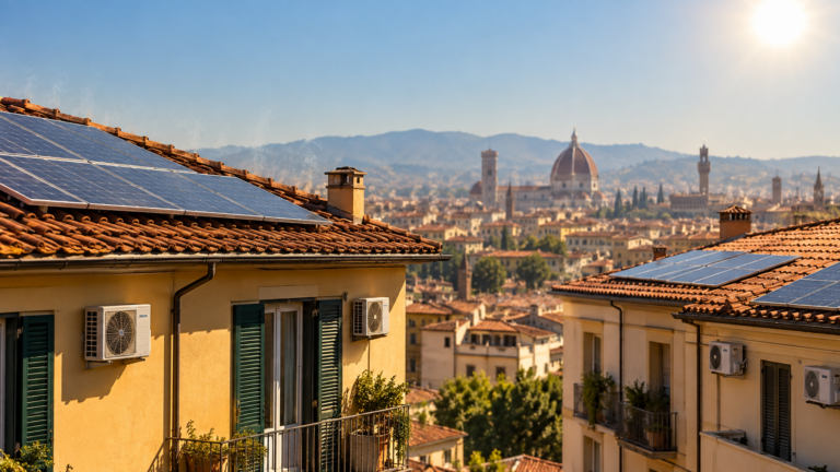 Panneaux solaires en toiture d’immeubles sous un ciel d’été sans nuage, air qui tremble de chaleur au-dessus des tuiles, climatiseurs fixés en façade.