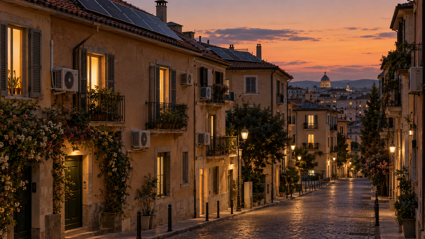 Rue d’une ville européenne au crépuscule en été, panneaux solaires éteints sur les toits, fenêtres éclairées et climatiseurs en fonctionnement sur les façades.