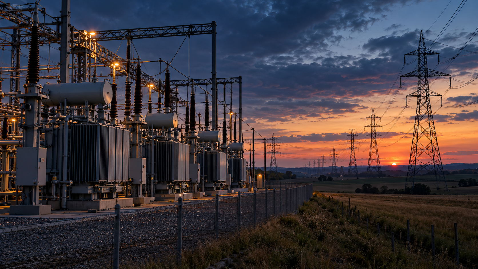 Poste électrique à très haute tension au crépuscule, transformateurs alignés et pylônes dont les lignes filent vers l’horizon au-dessus des champs.