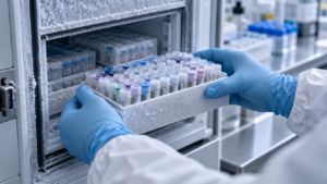 Des mains gantées sortent un portoir de petits tubes d’échantillons d’une boîte de congélation, dans un laboratoire de génomique.