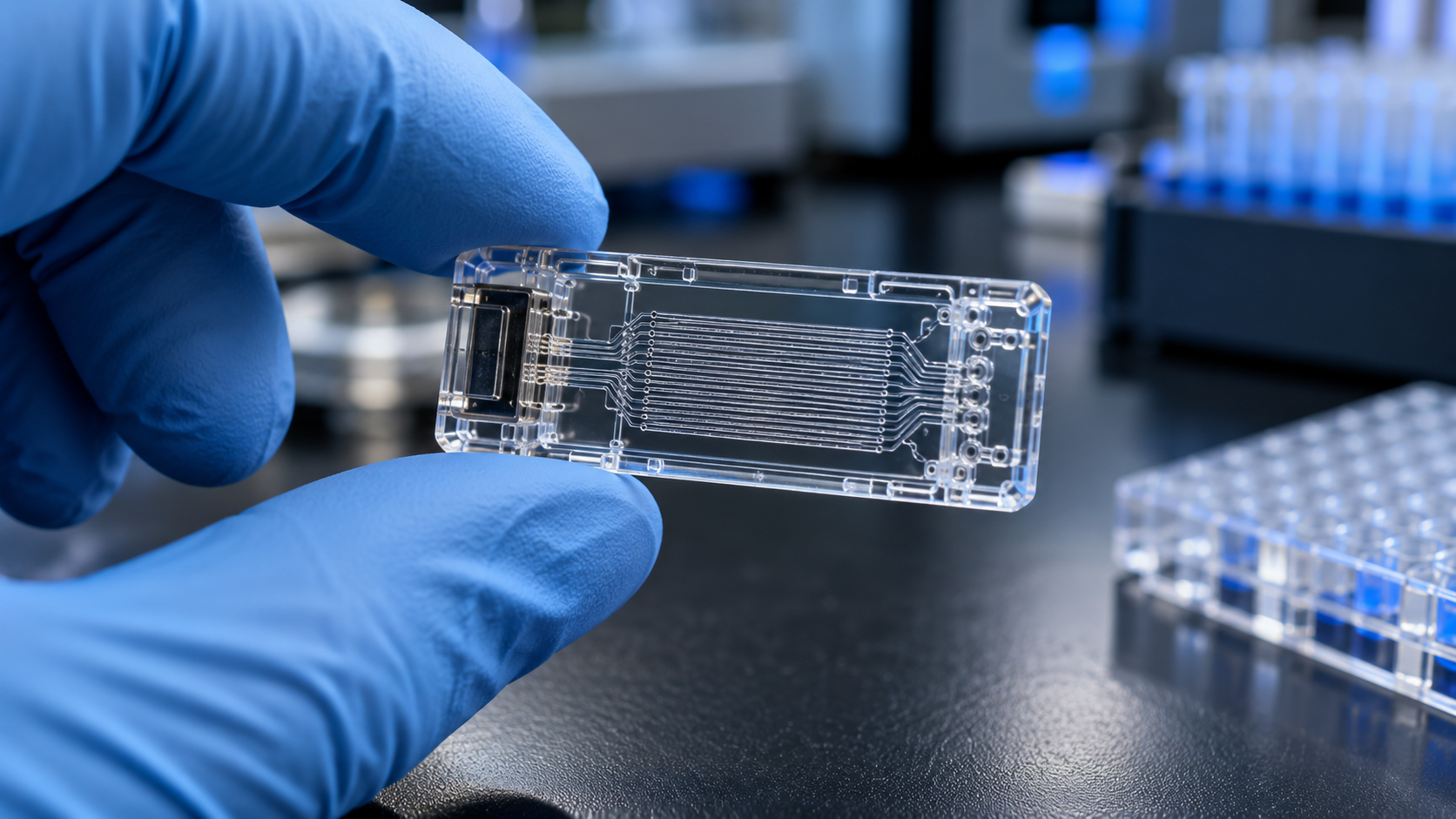 Une cellule de séquençage en verre tenue entre deux doigts gantés au-dessus d’une paillasse sombre.