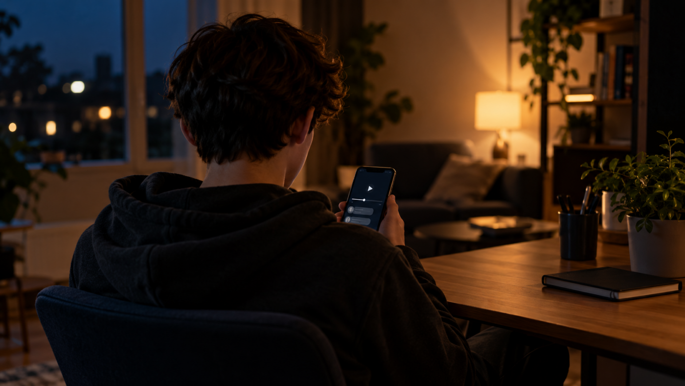 Mains d’adolescent tenant un téléphone la nuit, écran affichant un lecteur audio surmonté de bulles de commentaires vides.