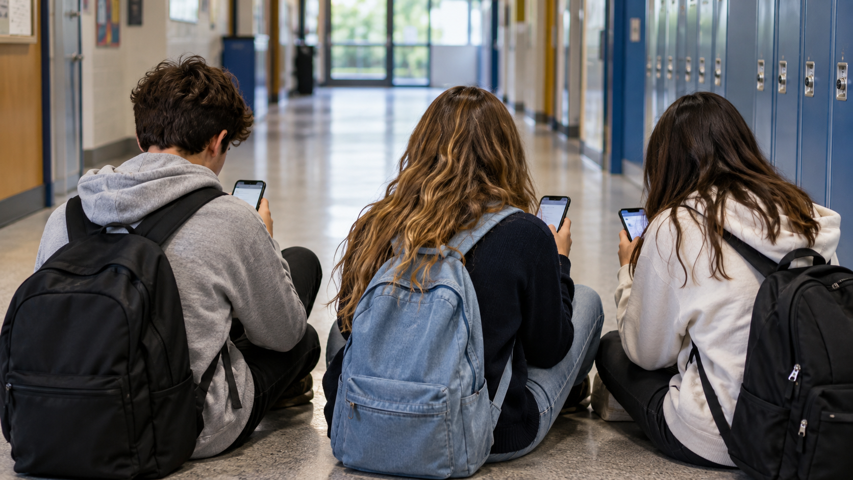 Trois collégiens assis de dos dans un couloir de collège, chacun devant son téléphone.