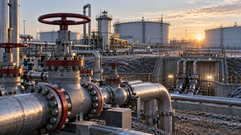 Vannes et canalisations d'un dépôt pétrolier relié à un stockage souterrain, au petit matin, sans personne à l'image.
