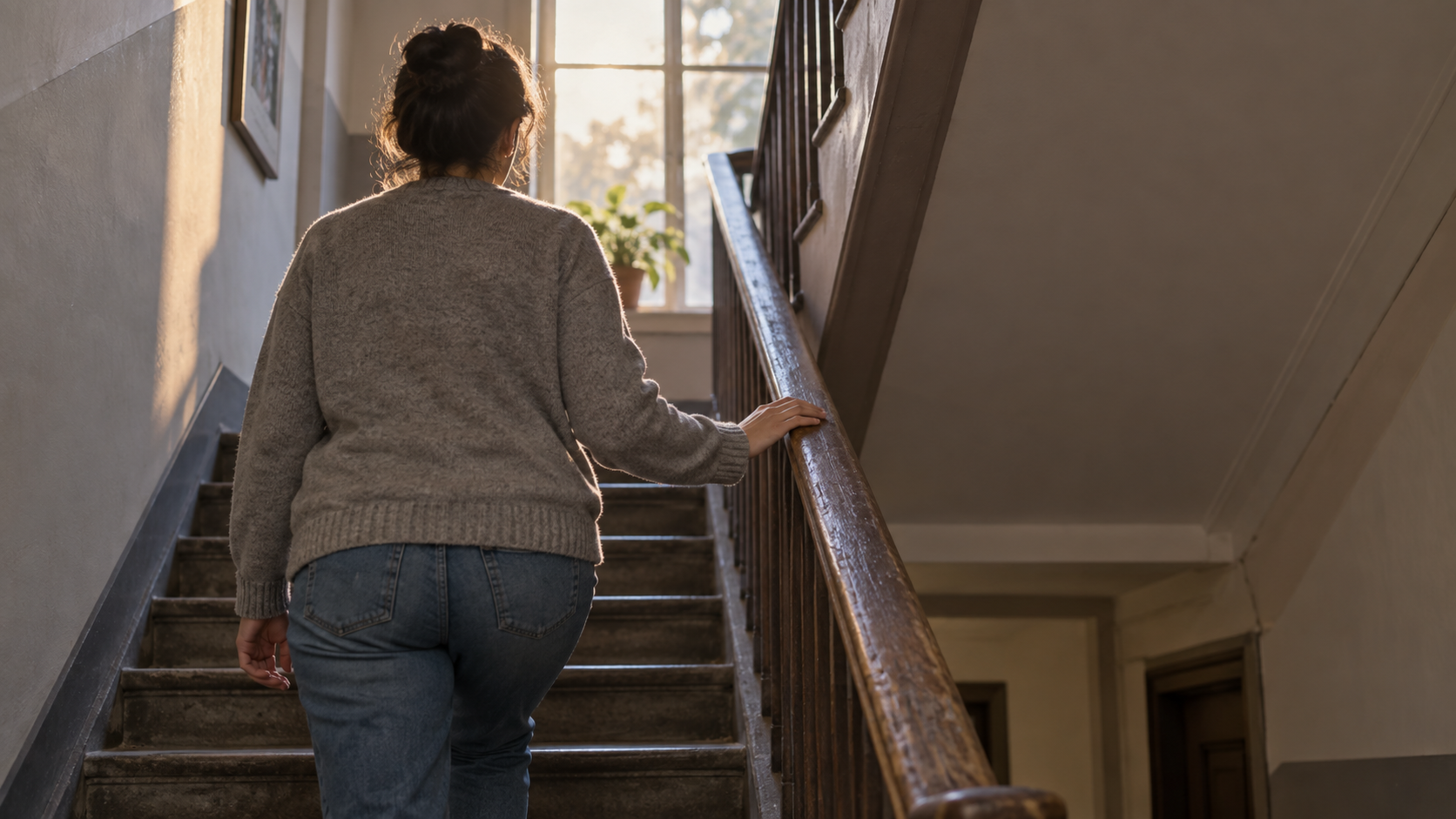 Une personne monte un escalier d’immeuble à l’aube, vue de dos, la main sur une rampe en bois usée