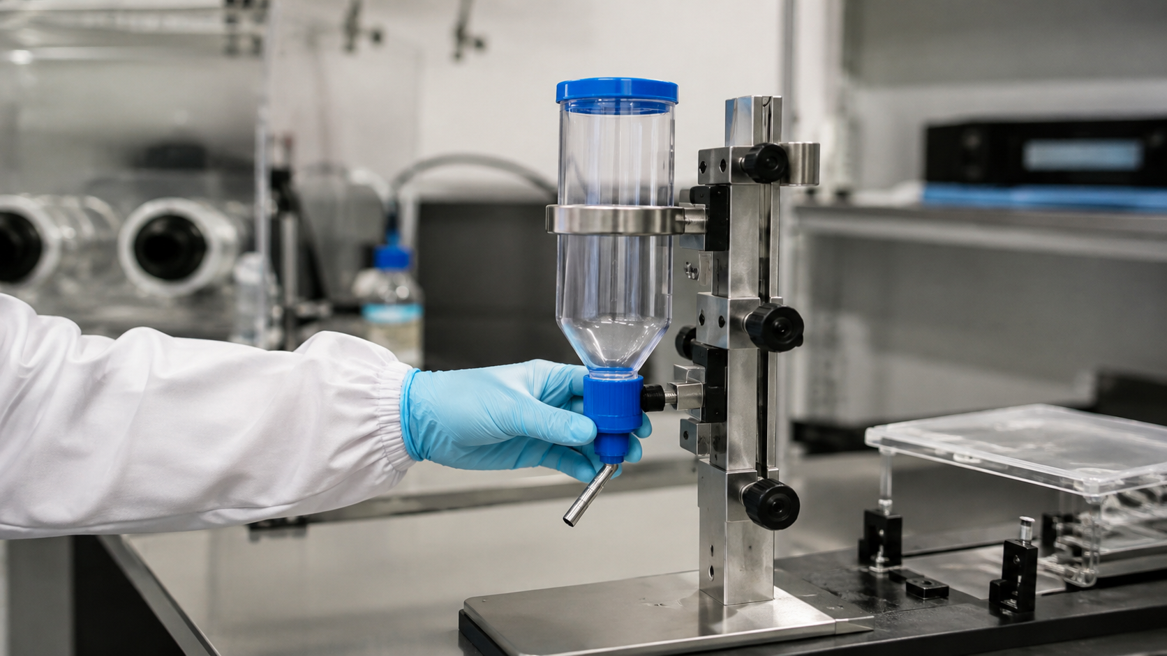 Main gantée ajustant un biberon d’eau sur un portoir de laboratoire, aucun animal visible.