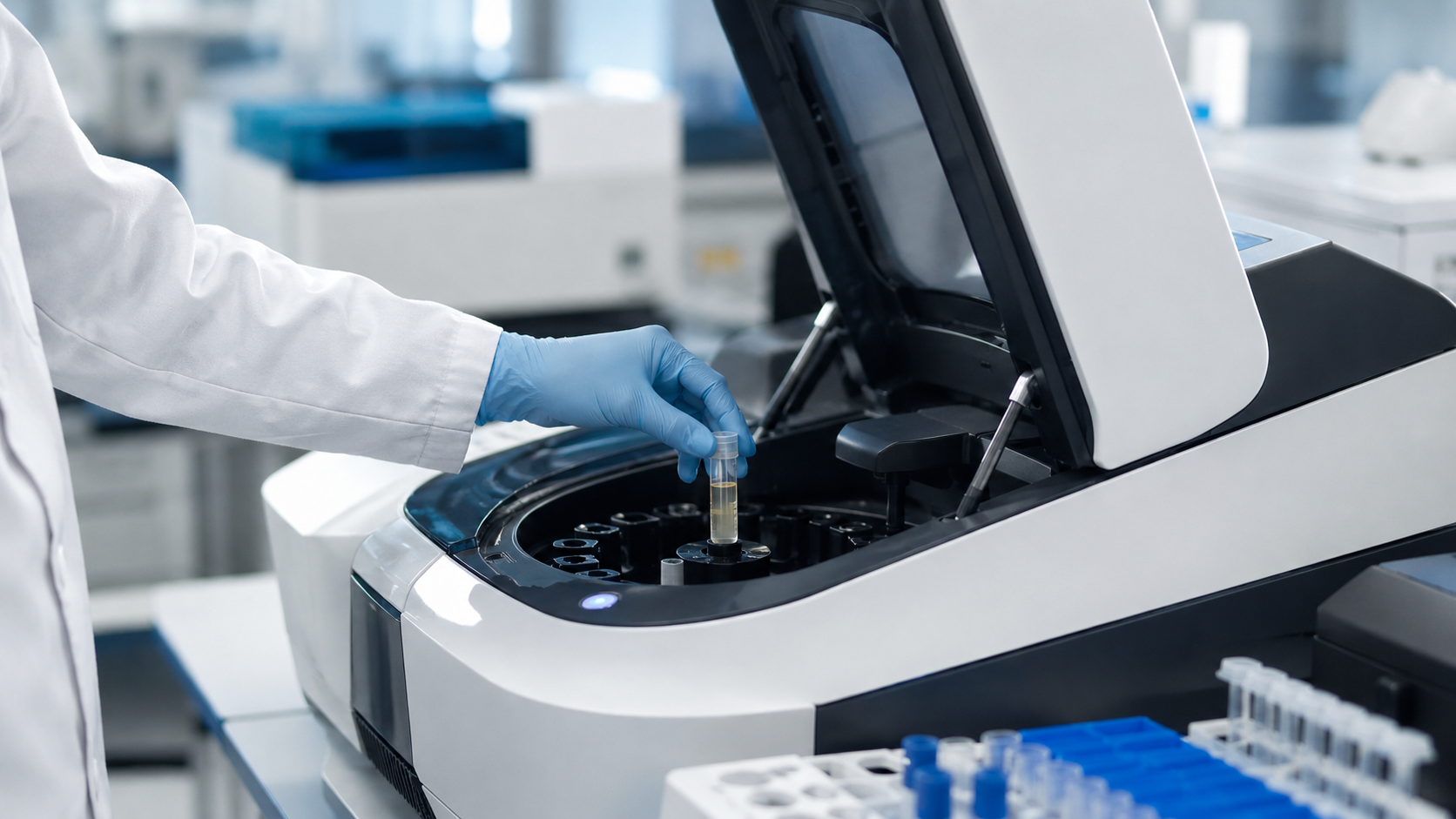 Main gantée chargeant un tube d’échantillon dans un appareil d’analyse, sur une paillasse de laboratoire.