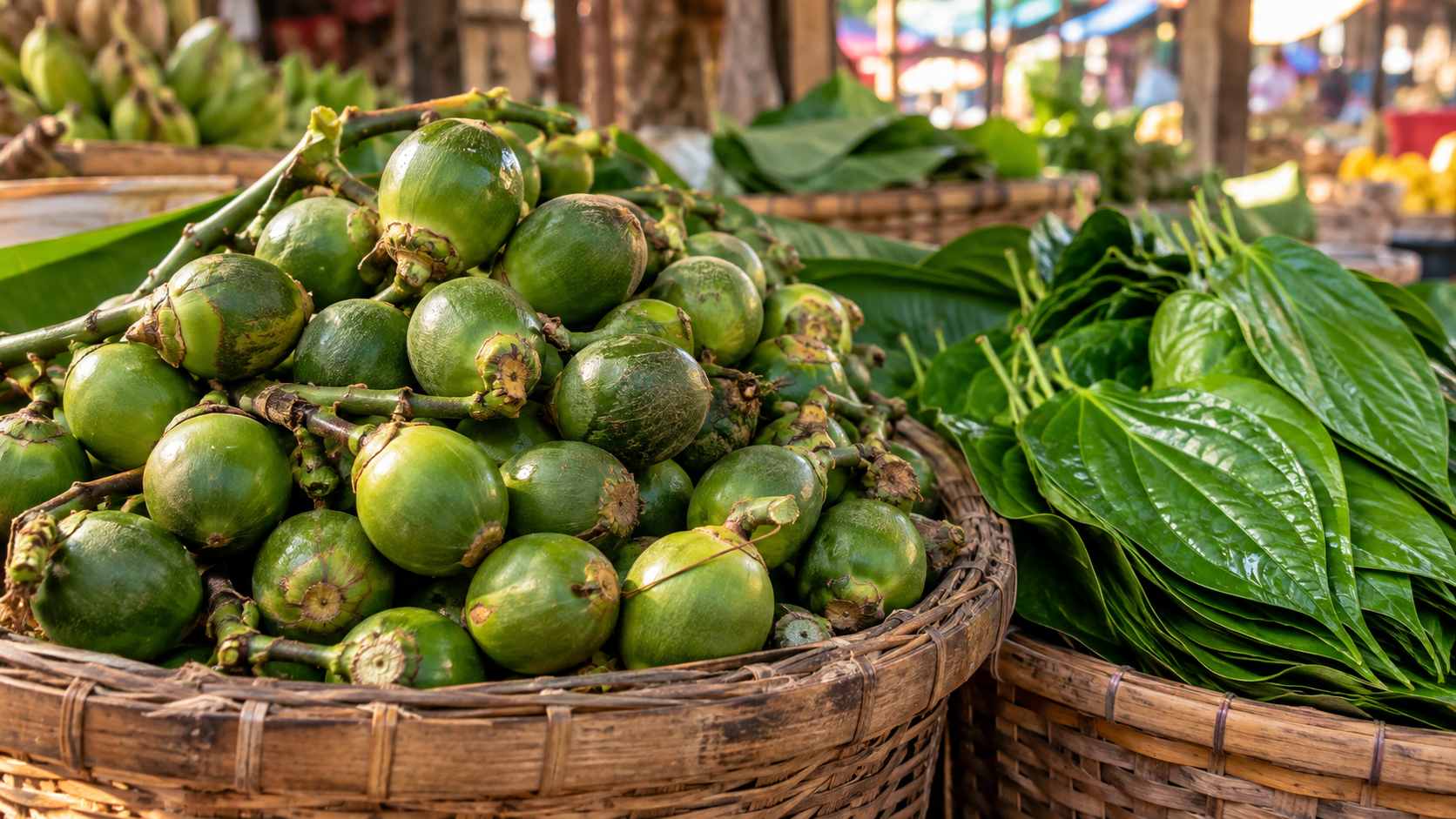 Noix d'arec vertes empilées dans un panier tressé sur un étal de marché tropical, feuilles de bétel à côté