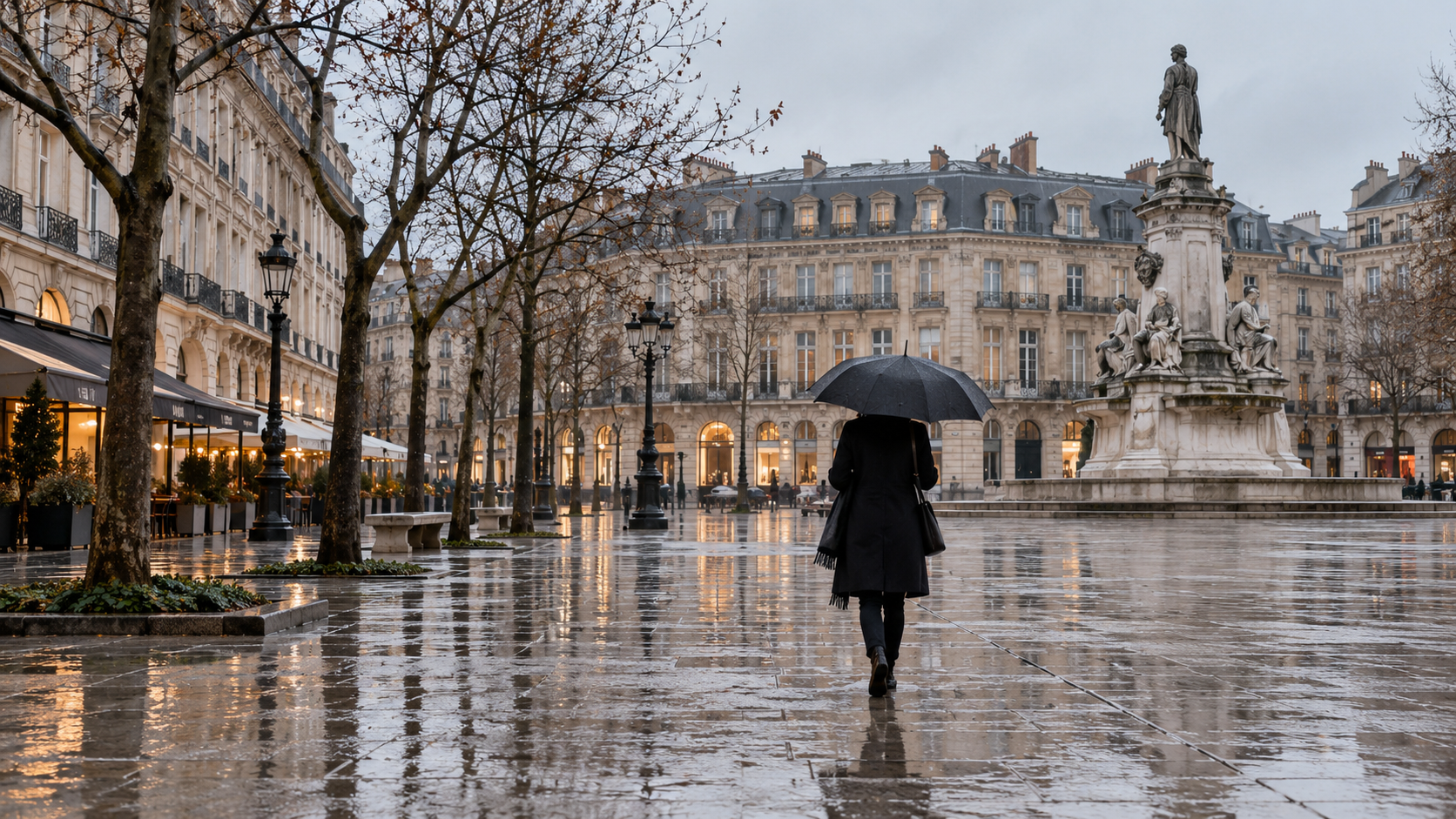 Place d’une ville française sous la pluie hivernale, un passant de dos avec un parapluie.