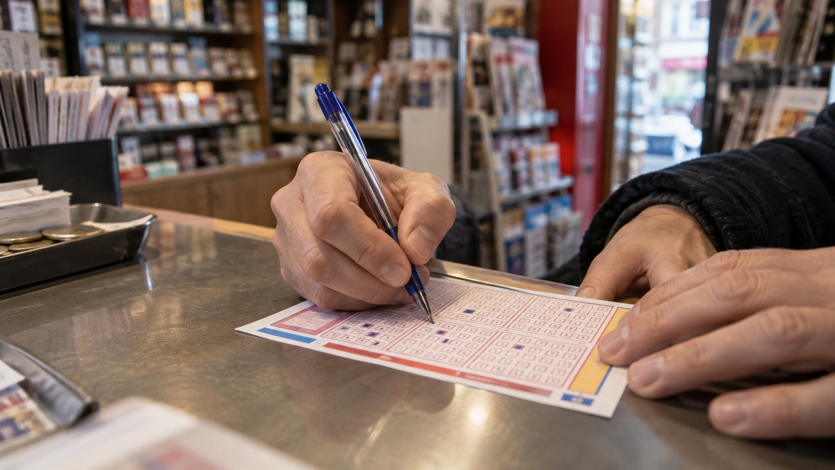 Des mains remplissent une grille de jeu en papier sur le comptoir d’un bureau de tabac.