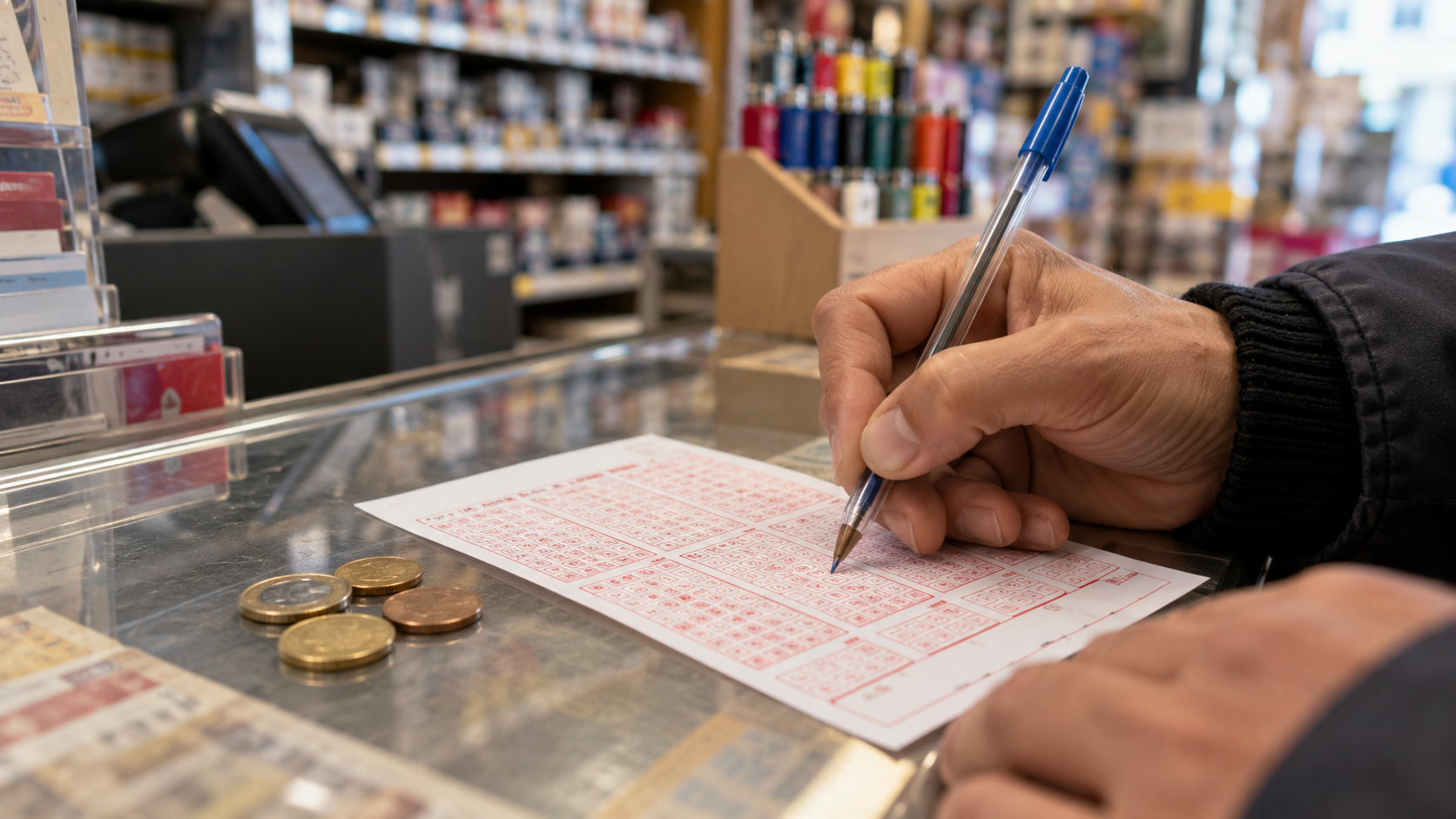 Main remplissant un bulletin de jeu vierge au comptoir d’un bureau de tabac, quelques pièces posées à côté.