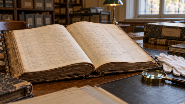 Un registre d’état civil ancien ouvert sur une table d’archives, gants de coton et loupe posés à côté.
