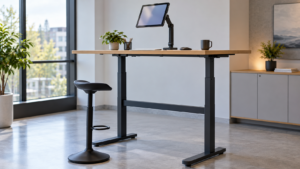 Un poste de travail vide avec une table haute et une tablette posée sur un support au-dessus du niveau des yeux.