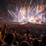 Vue depuis les gradins d’une grande salle de concert parisienne, scène éclairée et public debout.