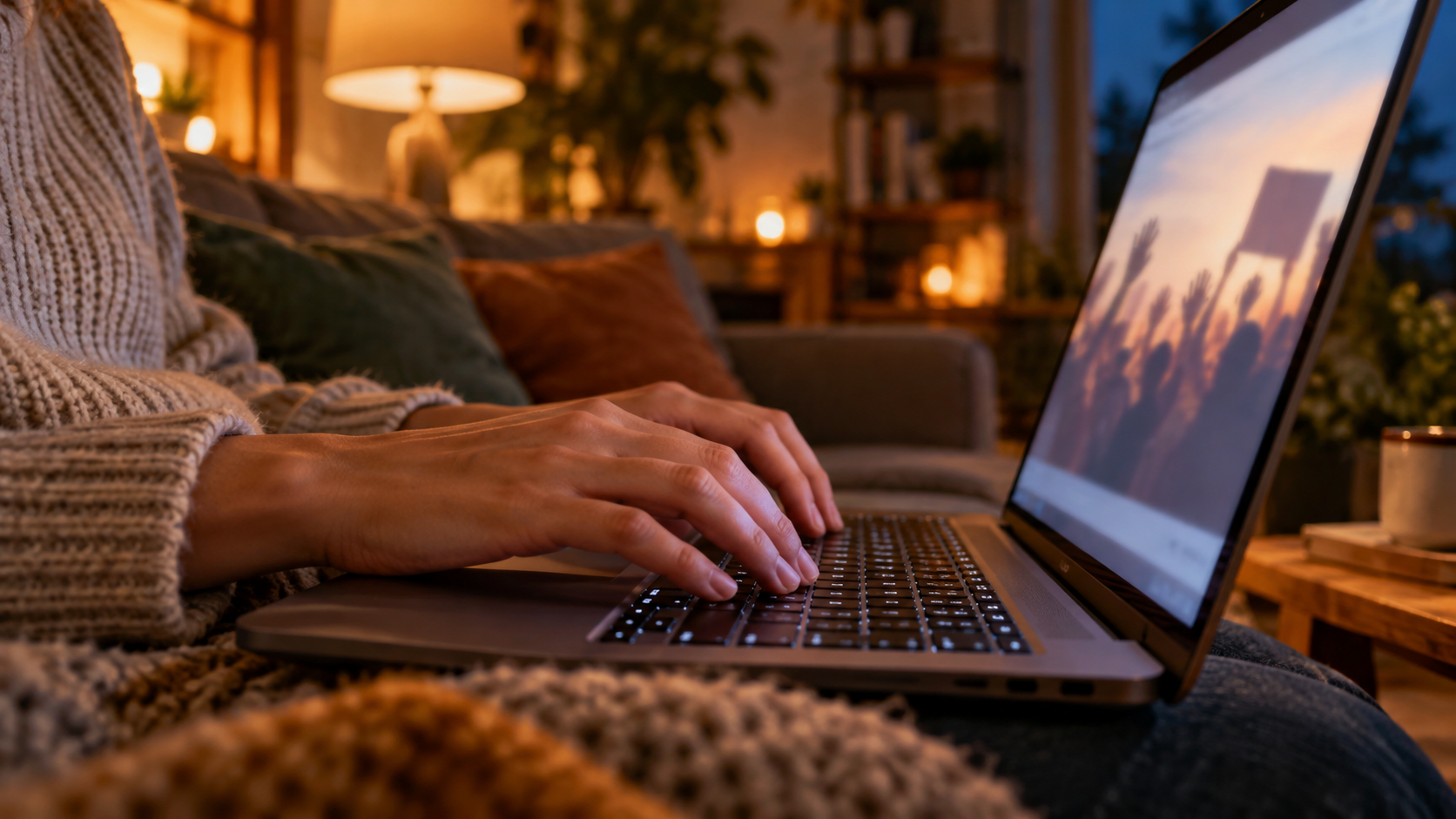 Des mains sur le clavier d’un ordinateur portable, le soir, dans un salon.