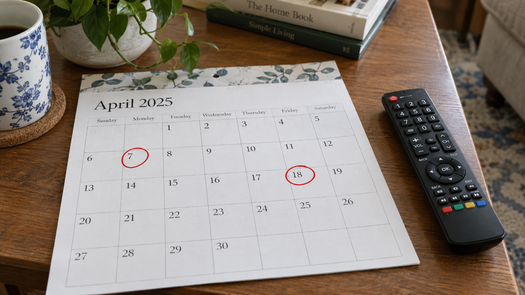 Calendrier papier posé sur une table, deux dates entourées au marqueur rouge, une télécommande à côté.