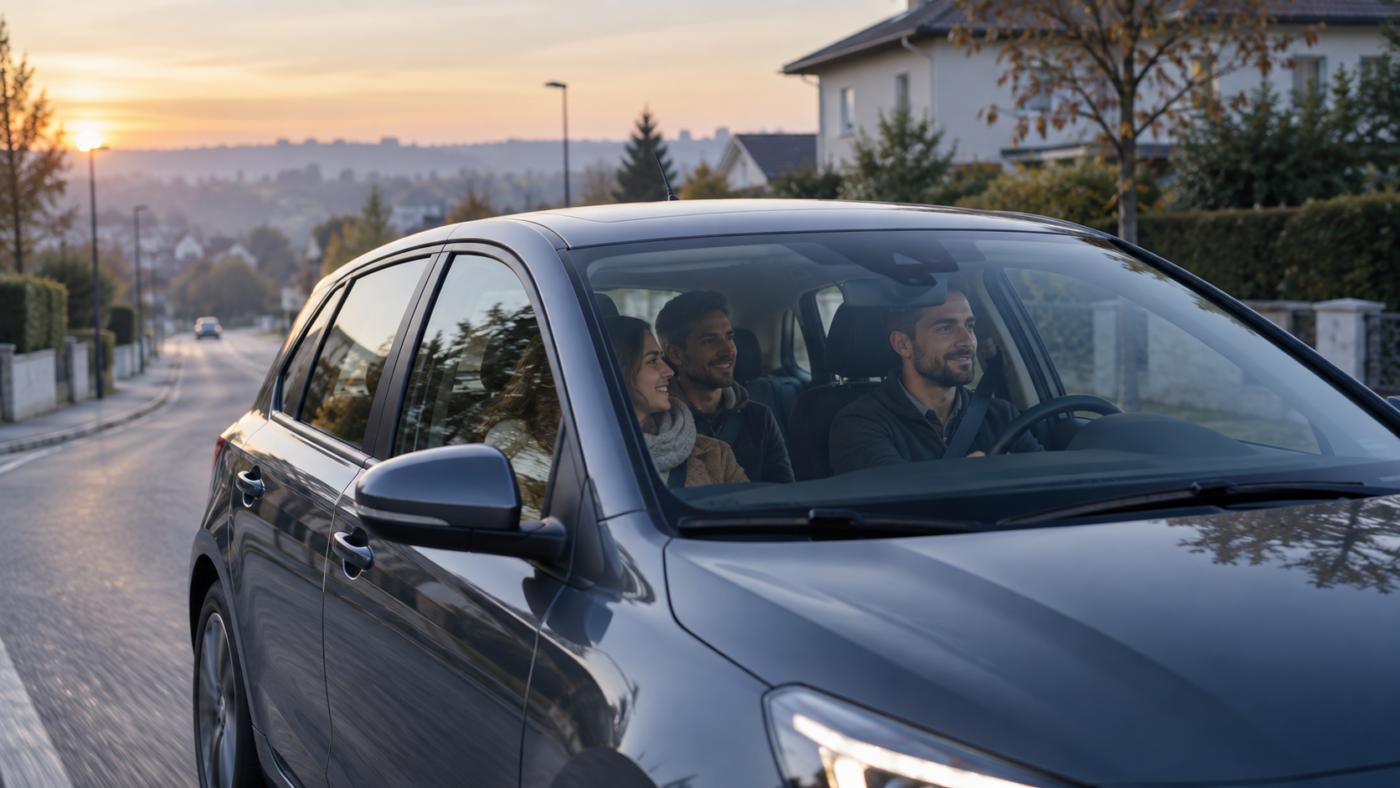 Trois personnes partagent une petite voiture sur une route de banlieue, au petit matin.