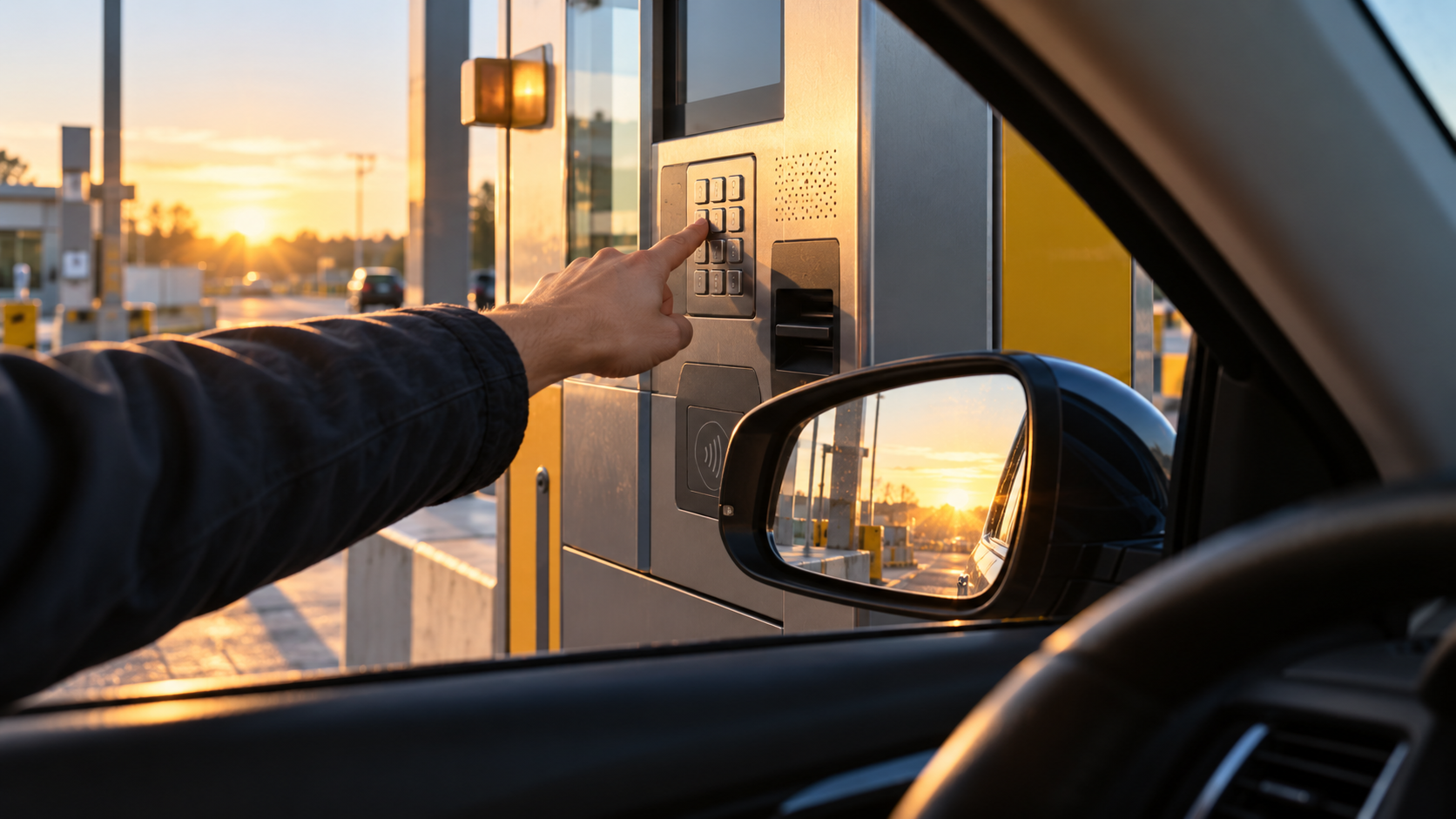 Main d’un conducteur tendue vers le clavier d’une borne de péage, au petit matin.