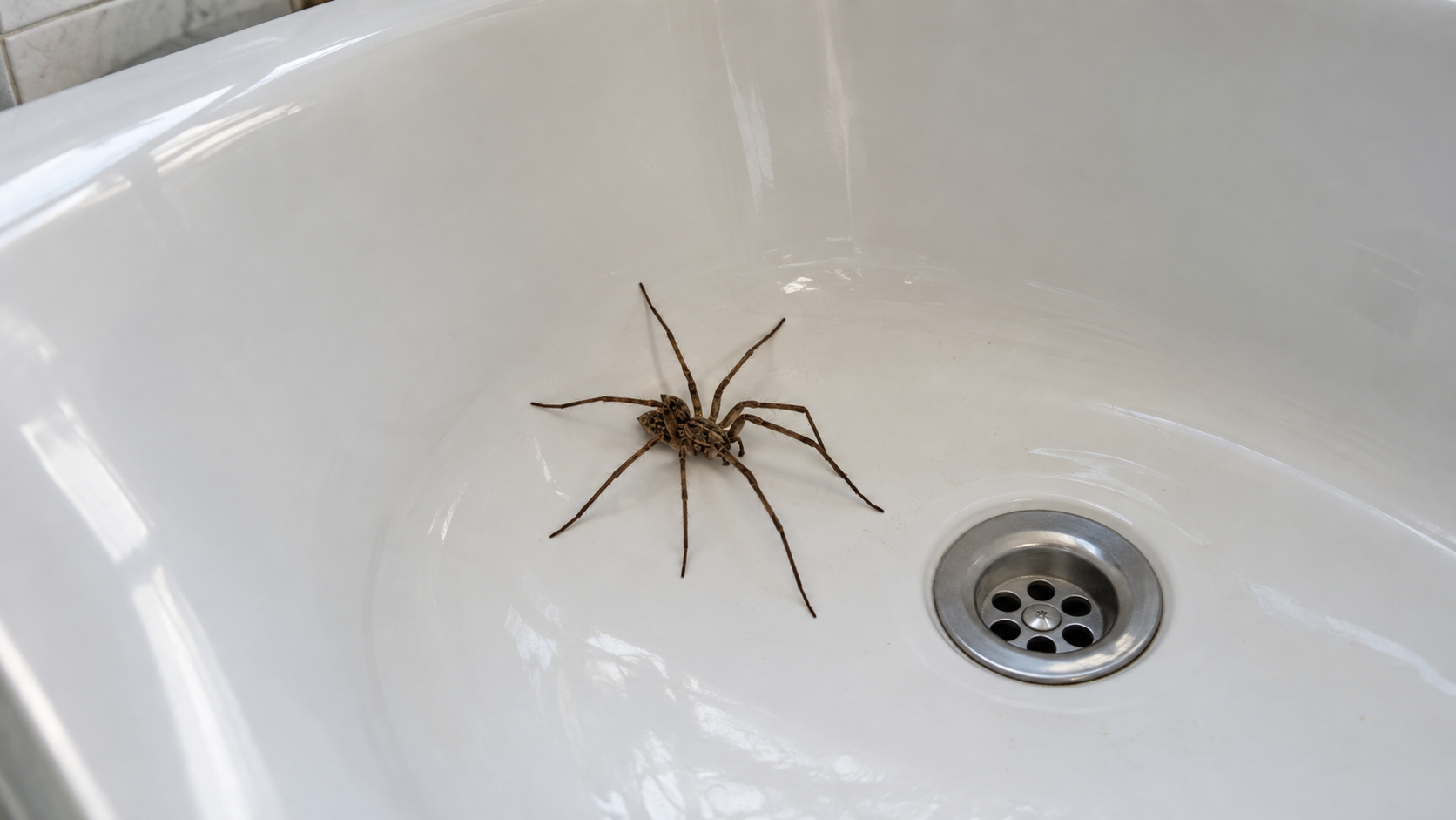 Une grande araignée brune aux longues pattes au fond d’une baignoire blanche vide, près de la bonde, dans la lumière du matin.
