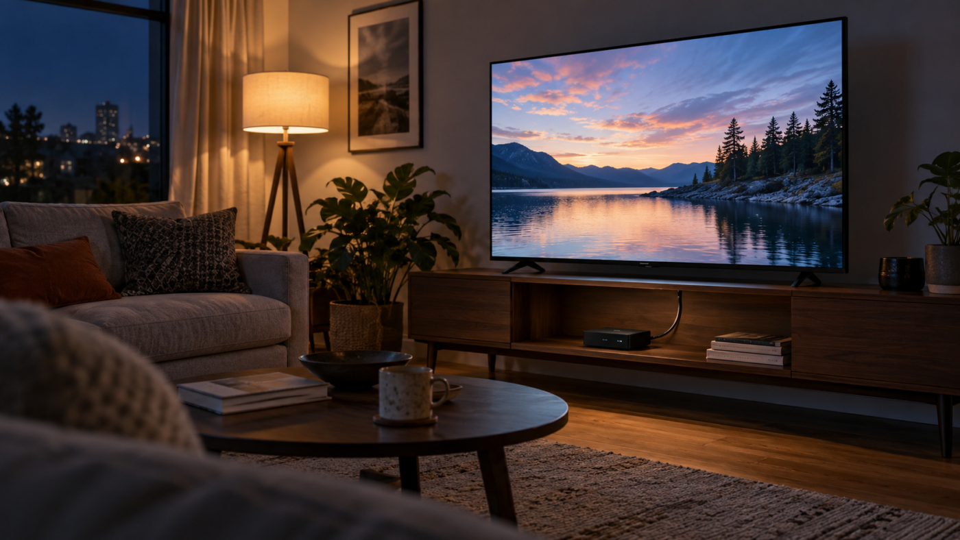 Un téléviseur allumé éclaire un salon vide le soir, un câble HDMI reliant l’écran à un petit boîtier posé sur l’étagère du dessous.