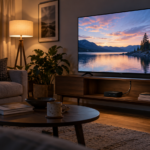 Un téléviseur allumé éclaire un salon vide le soir, un câble HDMI reliant l’écran à un petit boîtier posé sur l’étagère du dessous.