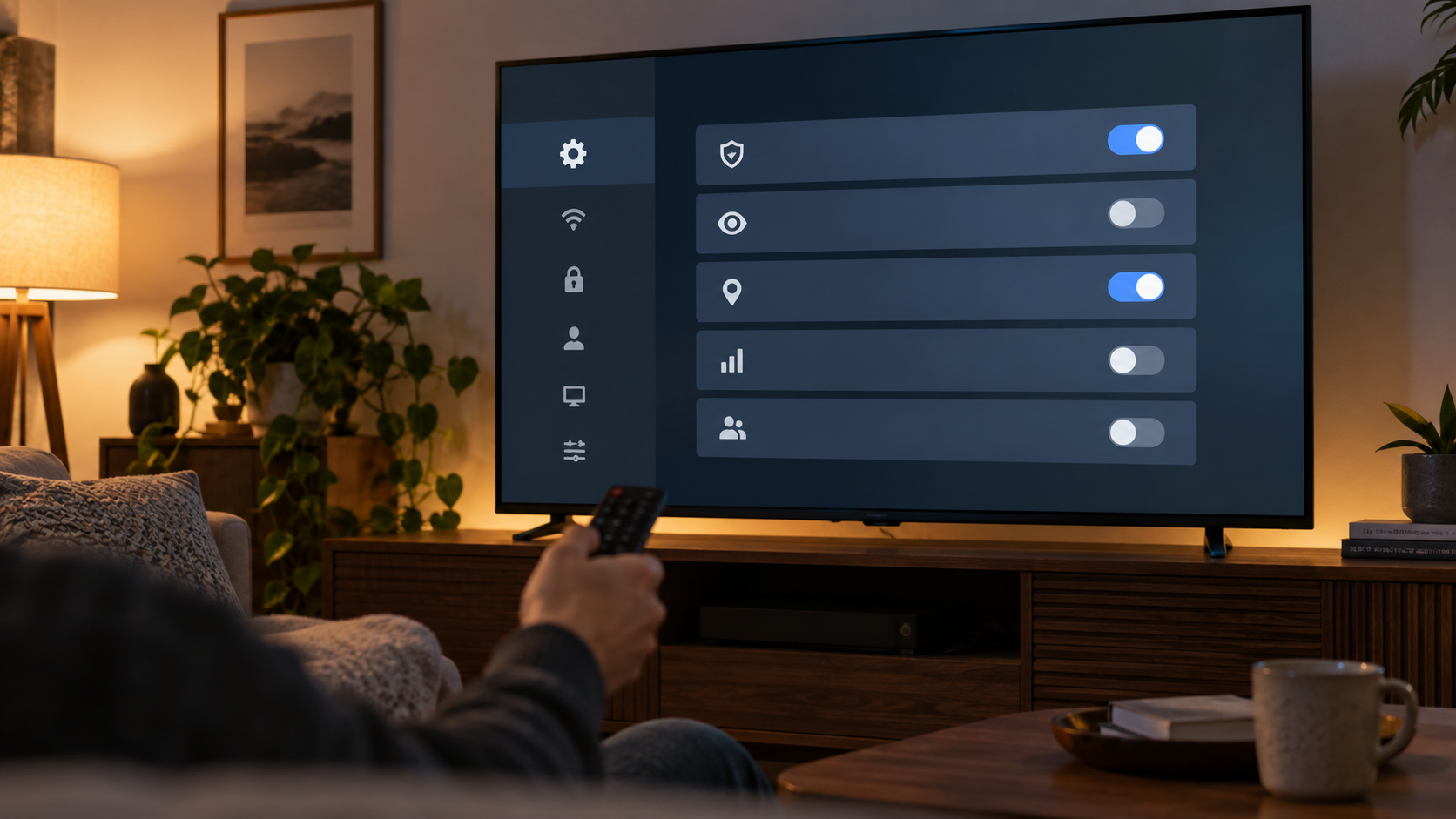 Une main tient une télécommande devant un écran de téléviseur affichant un menu de réglages aux interrupteurs visibles.