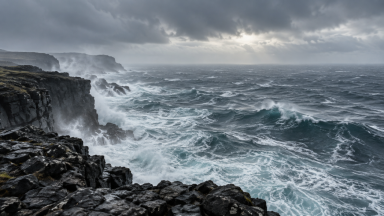 Une houle grise et un ciel bas au-dessus de l’océan, vus depuis une falaise de basalte battue par les embruns.