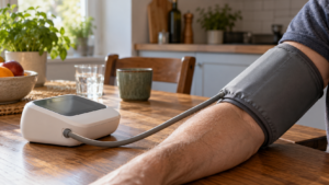 Un brassard de tensiomètre gonflé sur un bras posé sur une table de cuisine, à côté du boîtier de mesure.