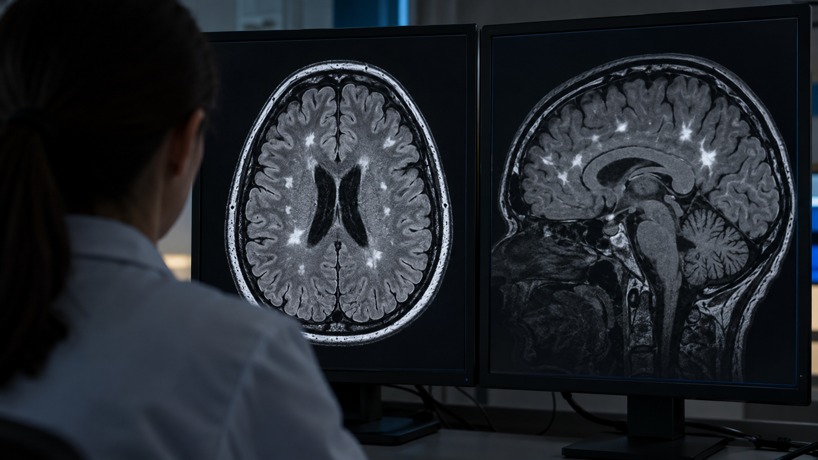 Devant deux écrans de radiologie, une coupe d’IRM cérébrale montre de petites taches claires dans la substance blanche.