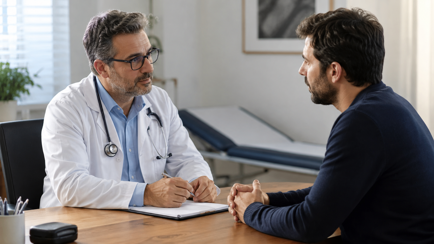 Un médecin en blouse blanche et un patient adulte assis de part et d’autre d’un bureau en bois, en conversation.