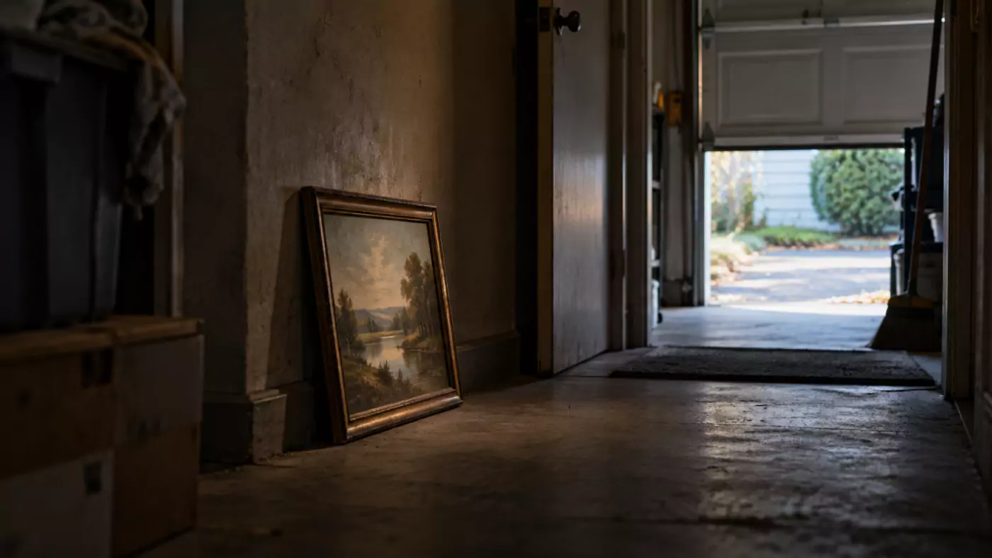 Un petit tableau encadré posé au bout d’un couloir sombre, devant une porte de garage entrouverte.