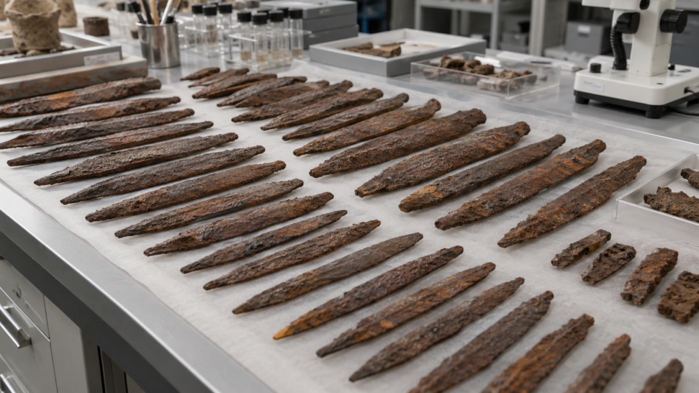 Des dizaines de barres de fer rouillées, effilées aux deux bouts, alignées en rangées sur une table de laboratoire.