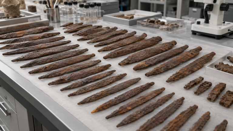 Des dizaines de barres de fer rouillées, effilées aux deux bouts, alignées en rangées sur une table de laboratoire.