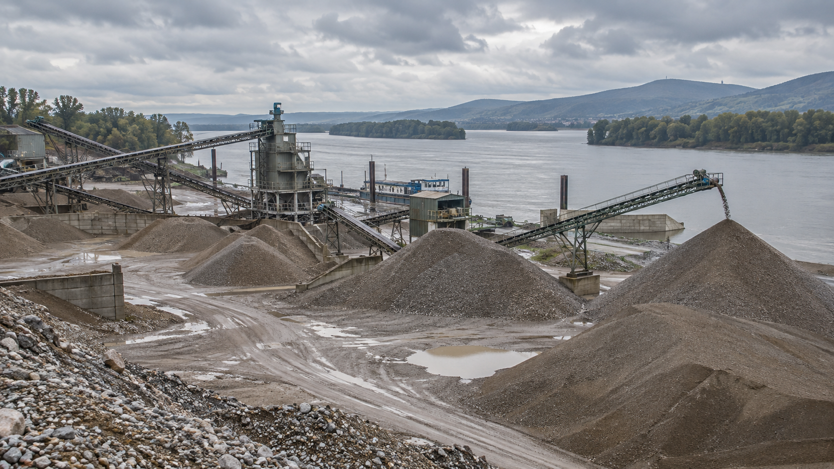 Une gravière au bord d'un large fleuve européen, tapis convoyeurs et tas de graviers lavés sous un ciel couvert.