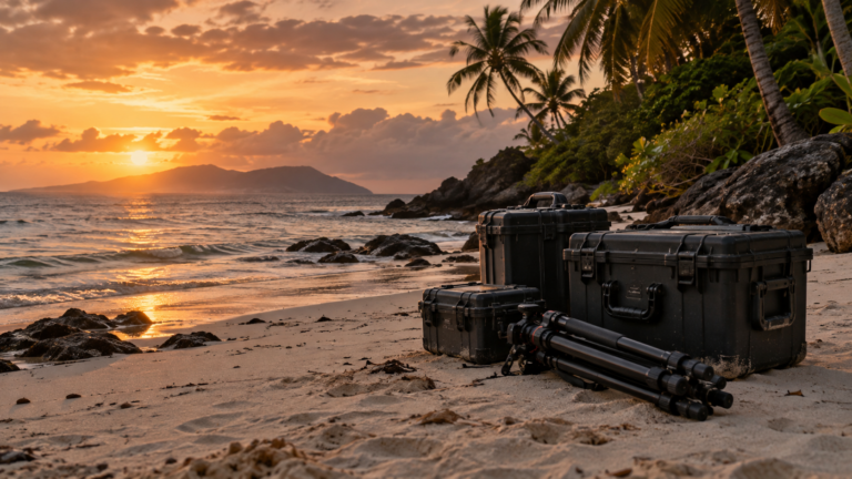 Un trépied replié et des caisses de matériel fermées, posés sur une plage déserte d’îlot tropical en fin de journée.