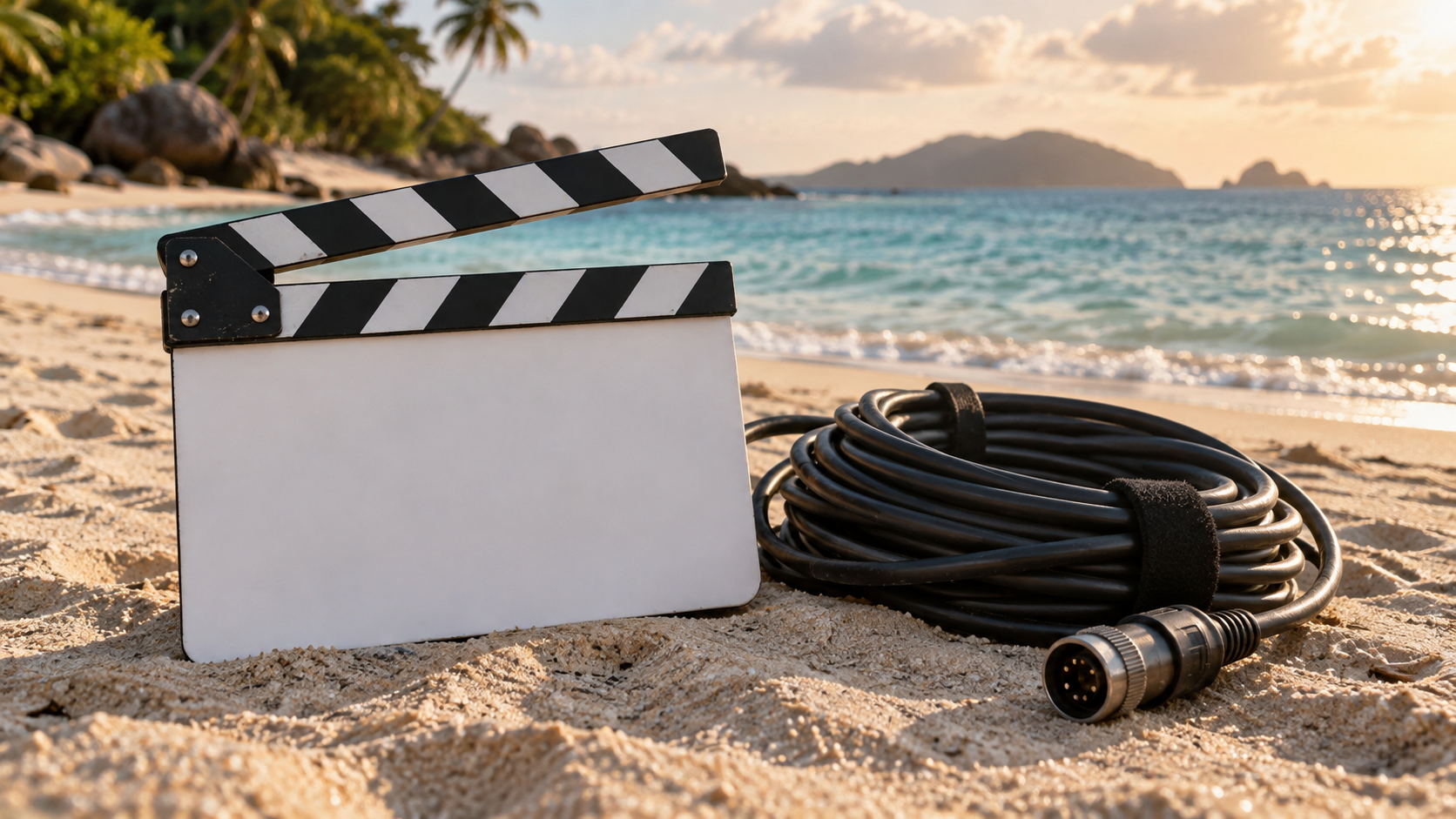 Un clap de cinéma vierge posé dans le sable, à côté d’un rouleau de câble.