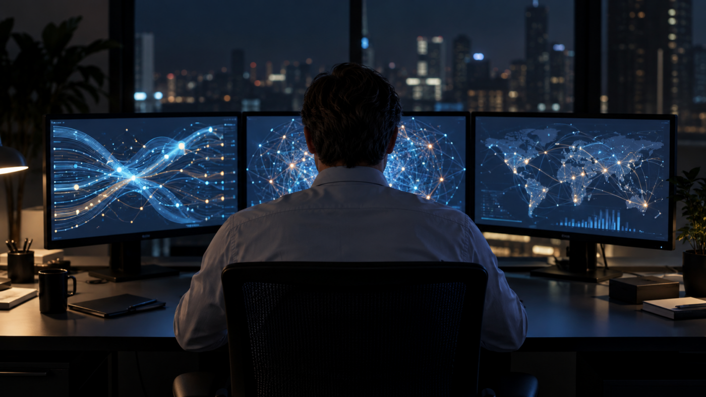 Un analyste vu de dos devant trois écrans affichant des schémas de flux financiers, la nuit, dans un bureau administratif.