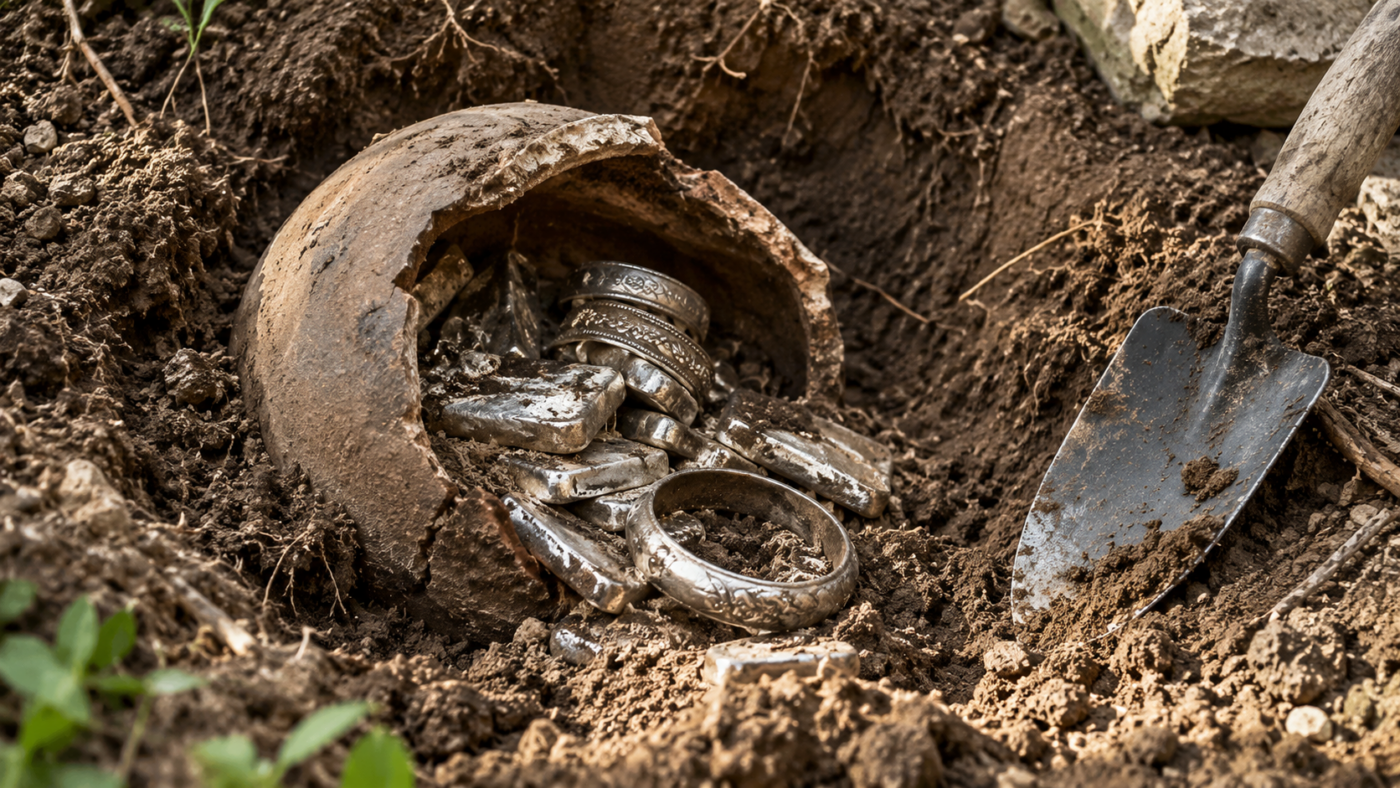 Un pot d'argile brisé à demi enterré dans la terre d'un jardin, d'où débordent lingots et bracelets d'argent terni, une pelle posée au bord de la fosse.