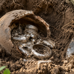 Un pot d'argile brisé à demi enterré dans la terre d'un jardin, d'où débordent lingots et bracelets d'argent terni, une pelle posée au bord de la fosse.