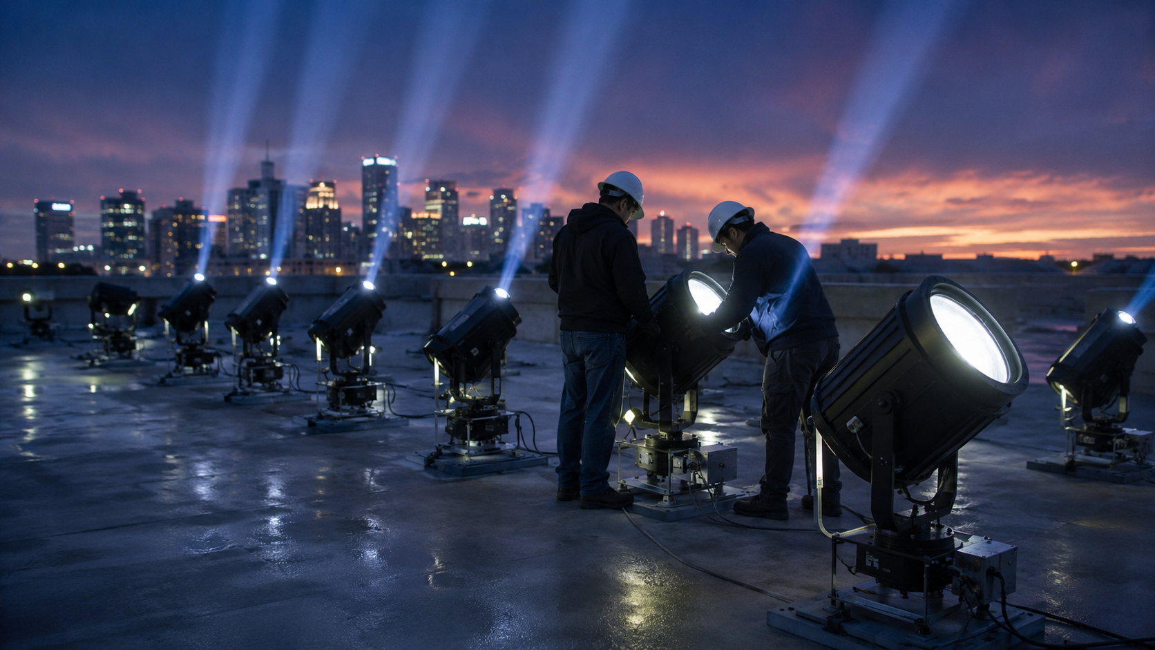 Sur le toit bétonné d’un parking américain, deux techniciens en casque vérifient l’un des projecteurs alignés en carré au crépuscule.