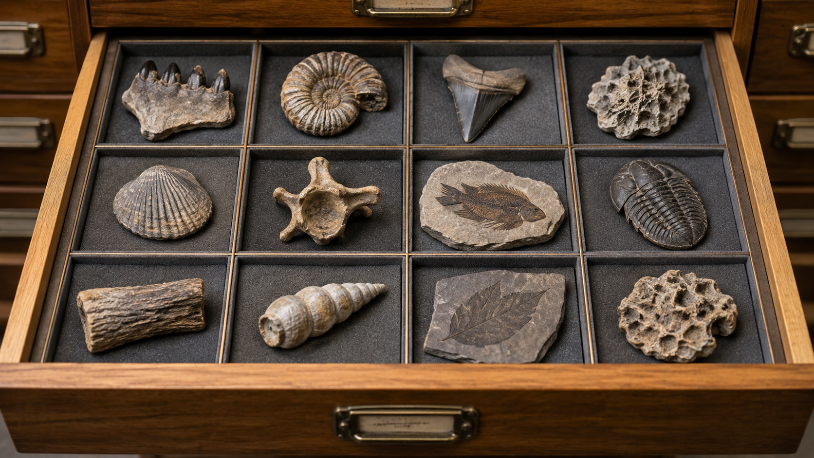 Tiroir de collection ouvert, une douzaine de petits fragments fossiles posés chacun dans son compartiment de mousse grise, sous une lumière égale