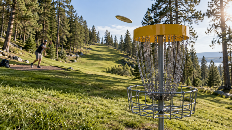 Sur un fairway de disc golf en montée, un disque en vol au-dessus d'un panier à chaînes métalliques, dans un parc bordé de pins.