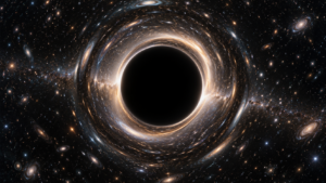 Sphère parfaitement noire entourée d’un halo lumineux translucide, devant un champ d’étoiles déformé en anneau.