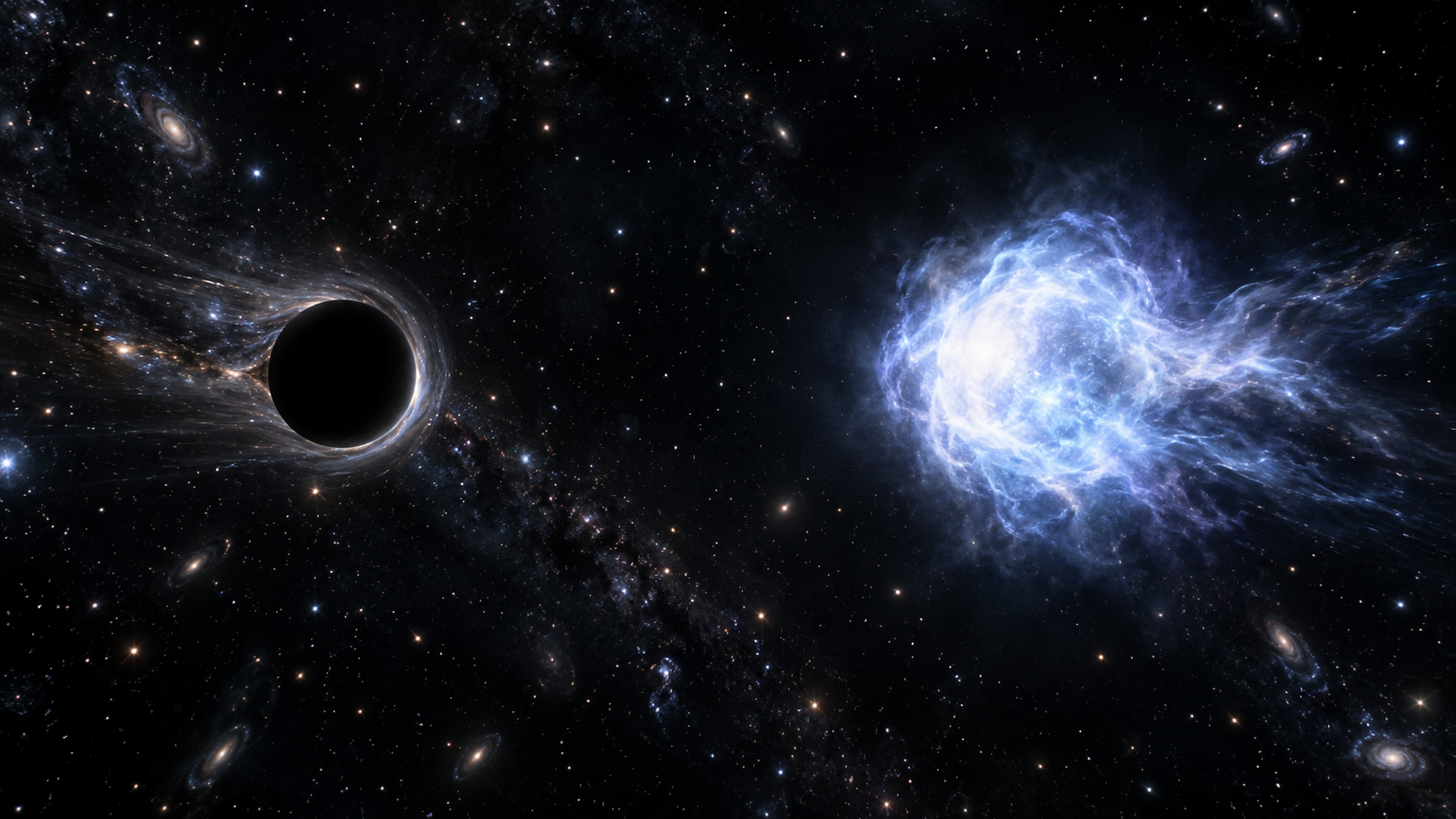 Deux objets compacts s’éloignant l’un de l’autre dans l’espace, l’un noir et net, l’autre lumineux et diffus.