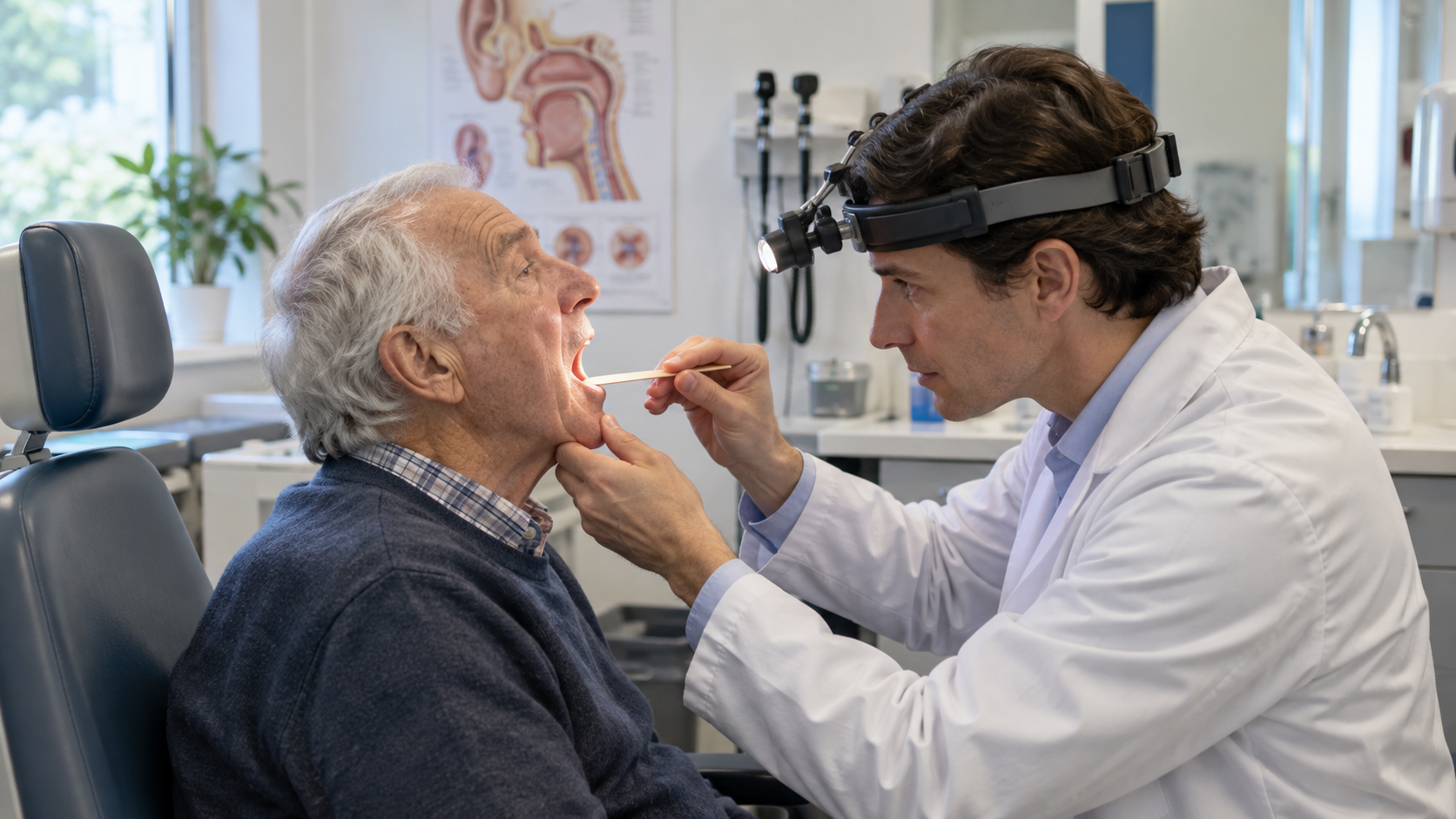 Dans un cabinet d’ORL, un médecin examine la gorge d’un patient âgé assis face à lui.