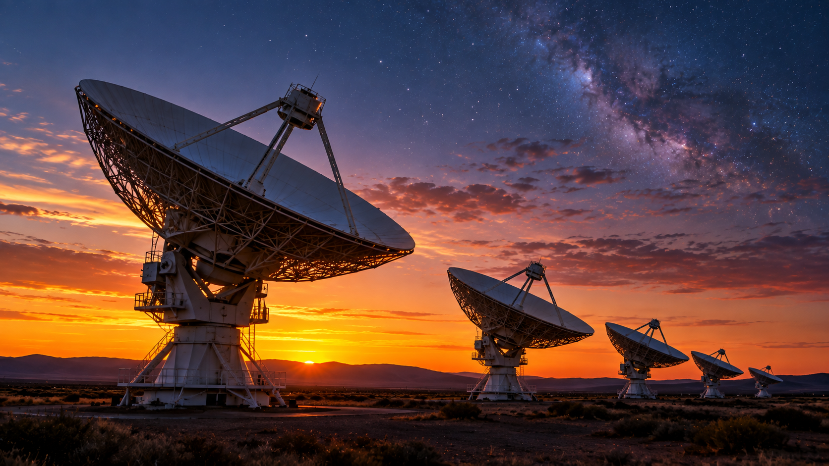 Antennes paraboliques d’un réseau de radiotélescopes pointées dans la même direction au crépuscule.
