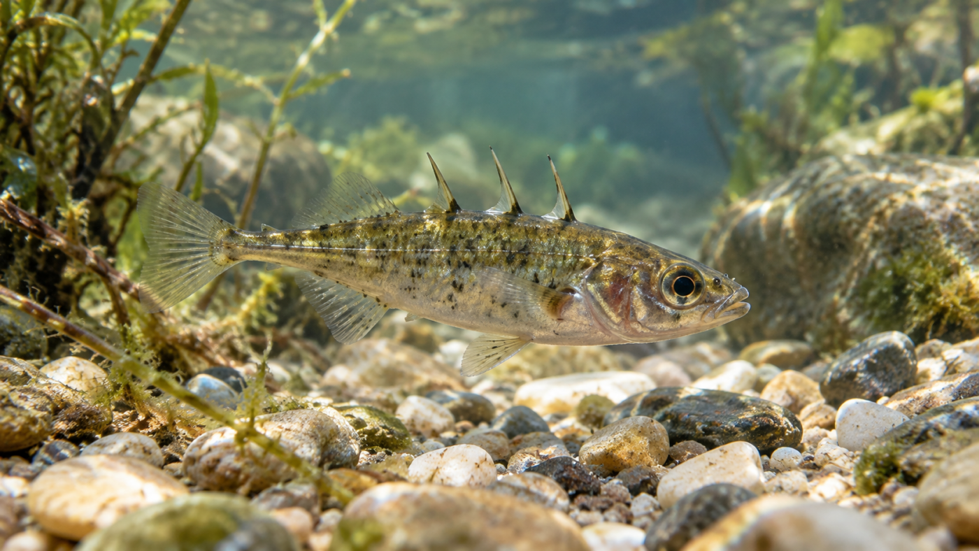 Petite épinoche à trois épines immobile dans une mare d’eau douce peu profonde, au-dessus d’un fond de graviers clairs.